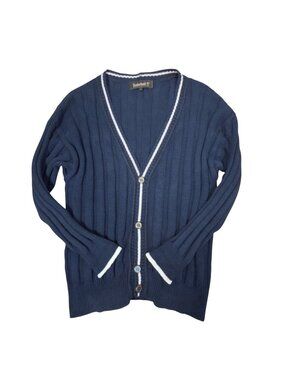 Vtg Timberland Cardigan Sweater Weathergear Sz LG Navy White Trim Ribbed Cotton